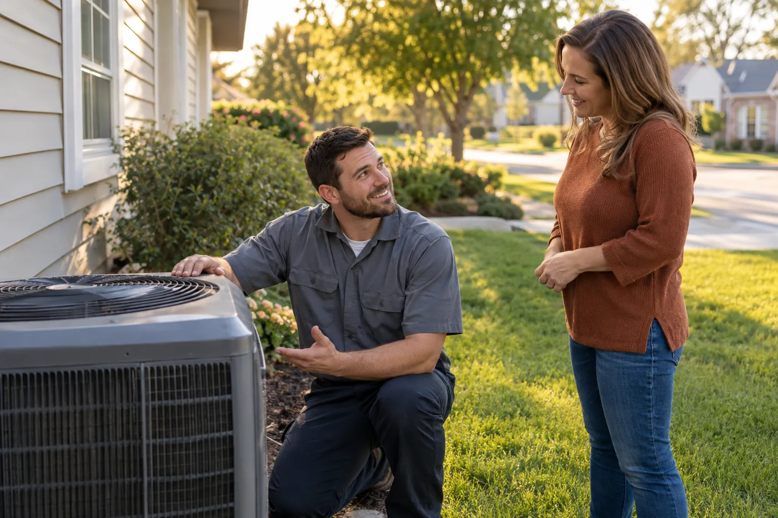 Friendly independent HVAC provider checking an outdoor air conditioner with a homeowner in a Pevely backyard