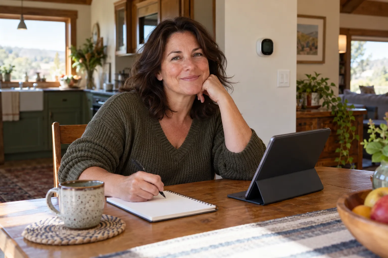 A homeowner reviewing heating and cooling options at the kitchen table in the Pevely area